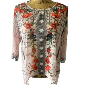 🍒 2/$20 🍒 Pink Sheer 3/4 Sleeve Blouse with Flowers and Strawberries sz XL
